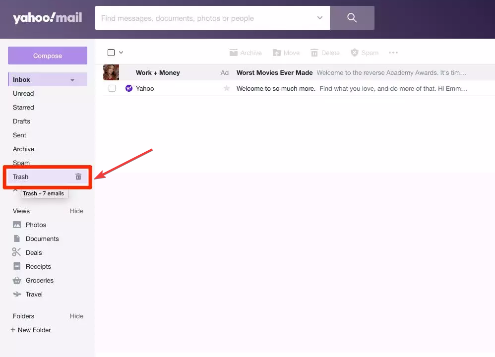 accessing the trash folder in yahoo