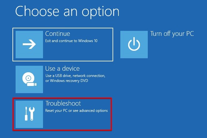 Troubleshooting the PC in Windows RE.