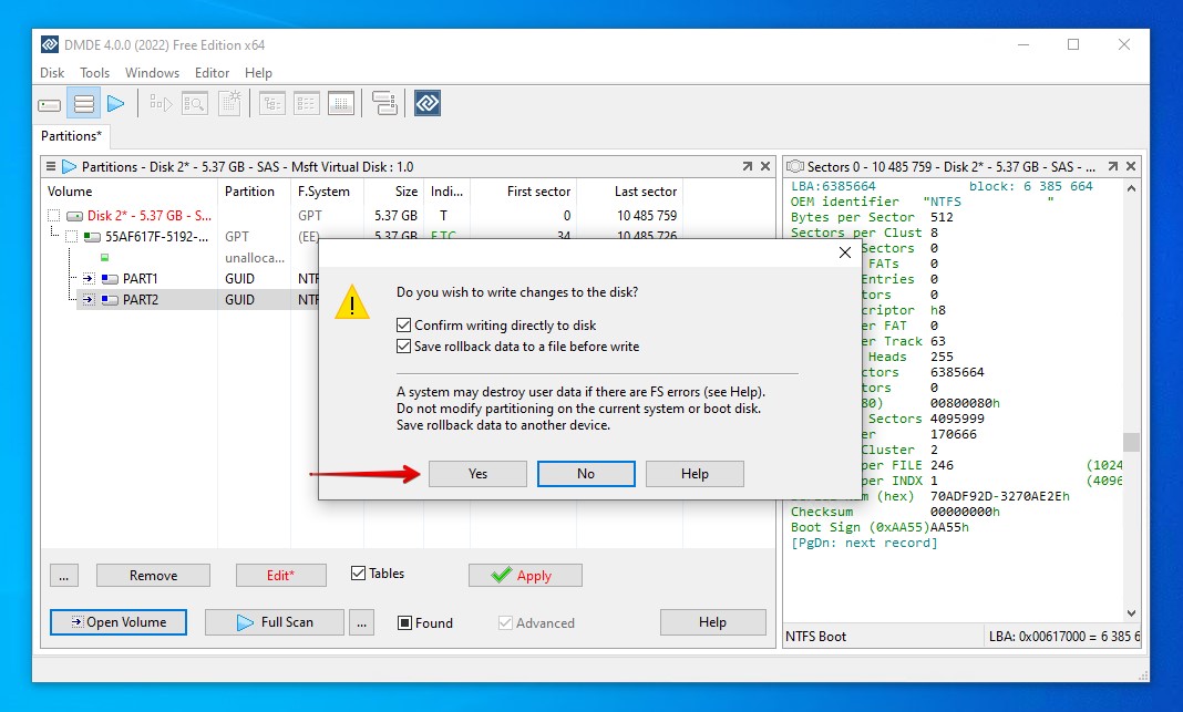 Confirming the insert of the partitions.