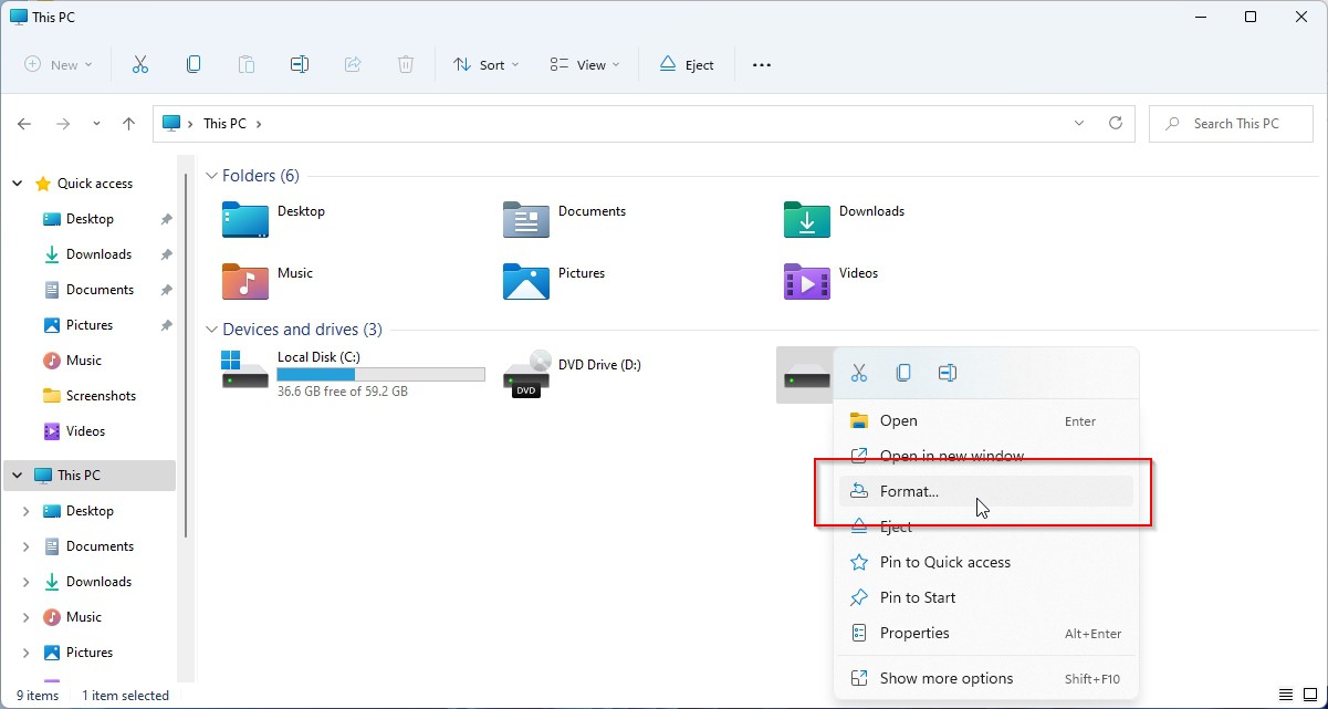 Right Click Format Drive With Windows 11 File Explorer