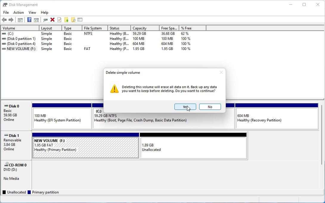 Windows 11 Disk Management Delete Volume Warning