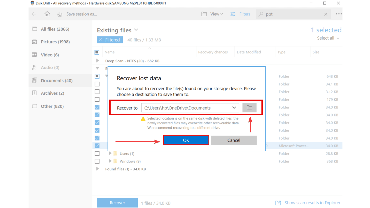 selecting destination for saving recovered files