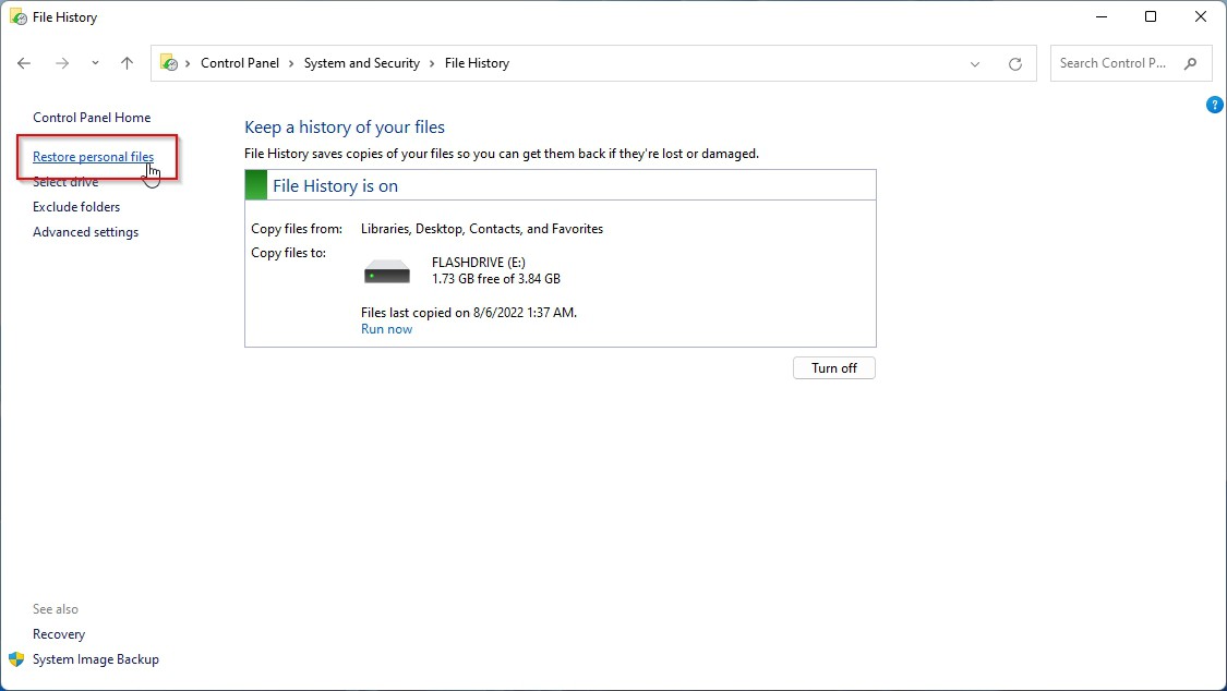 File History Restore Personal Files