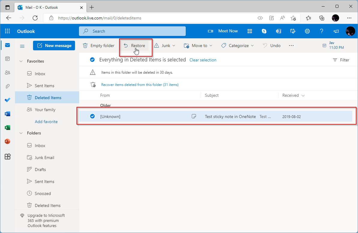 Outlook Deleted Items Selected Sticky Note Restore