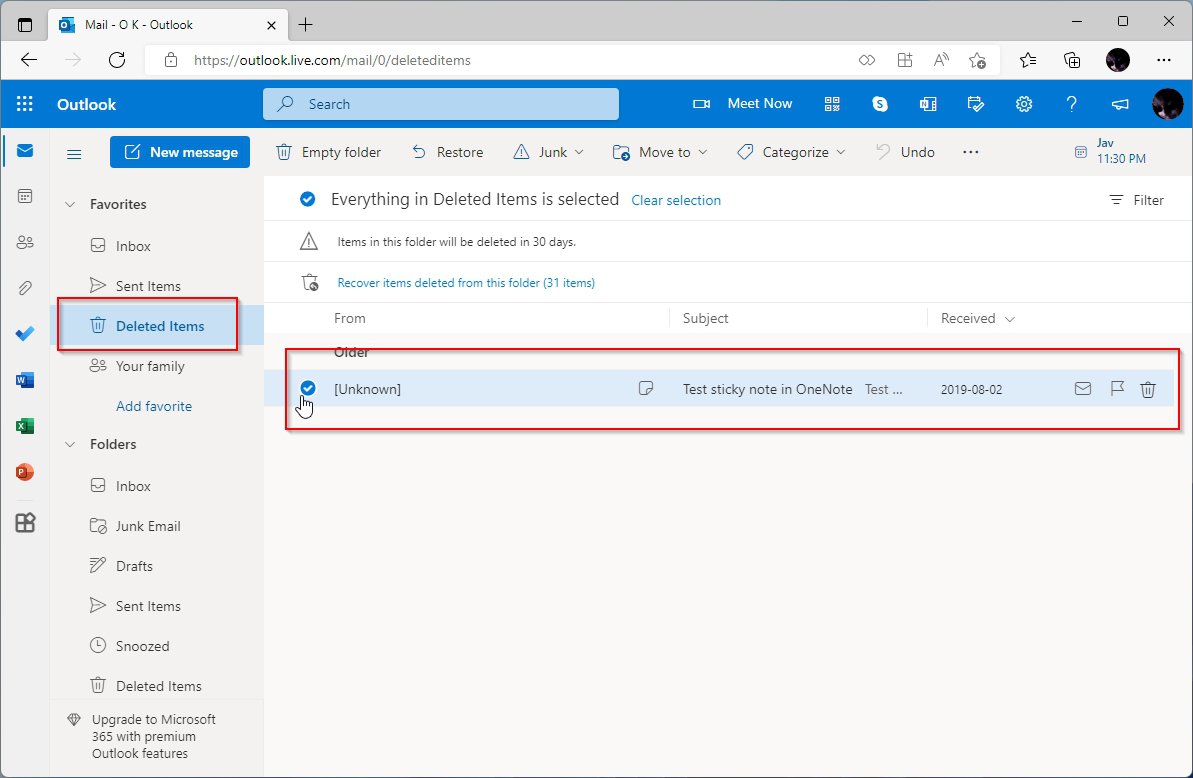 Outlook Deleted Items Selected Sticky Note