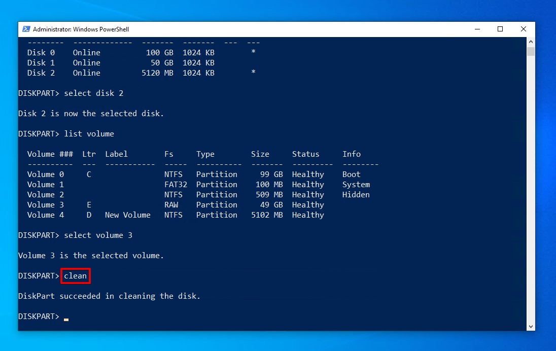 Cleaning the partition with DiskPart.