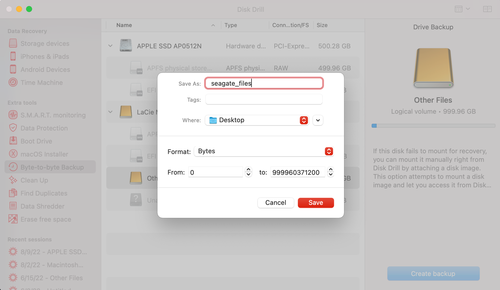 create a Seagate disk image using Disk Drill