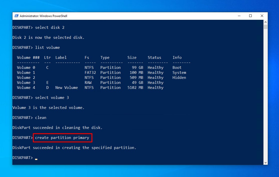 Creating a primary partition.