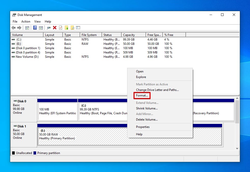 Formatting the volume in Disk Management.