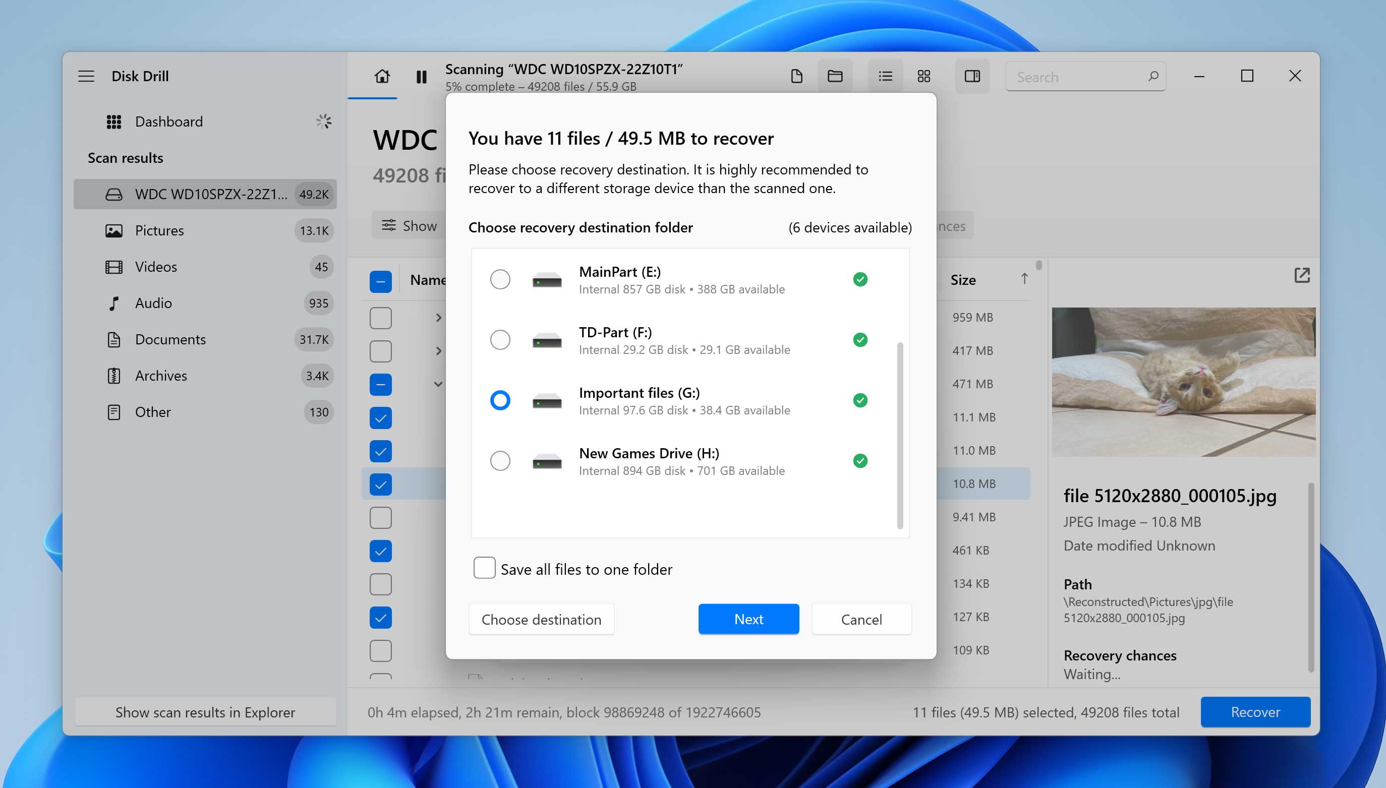 selecting recovery destination for files from WD disk