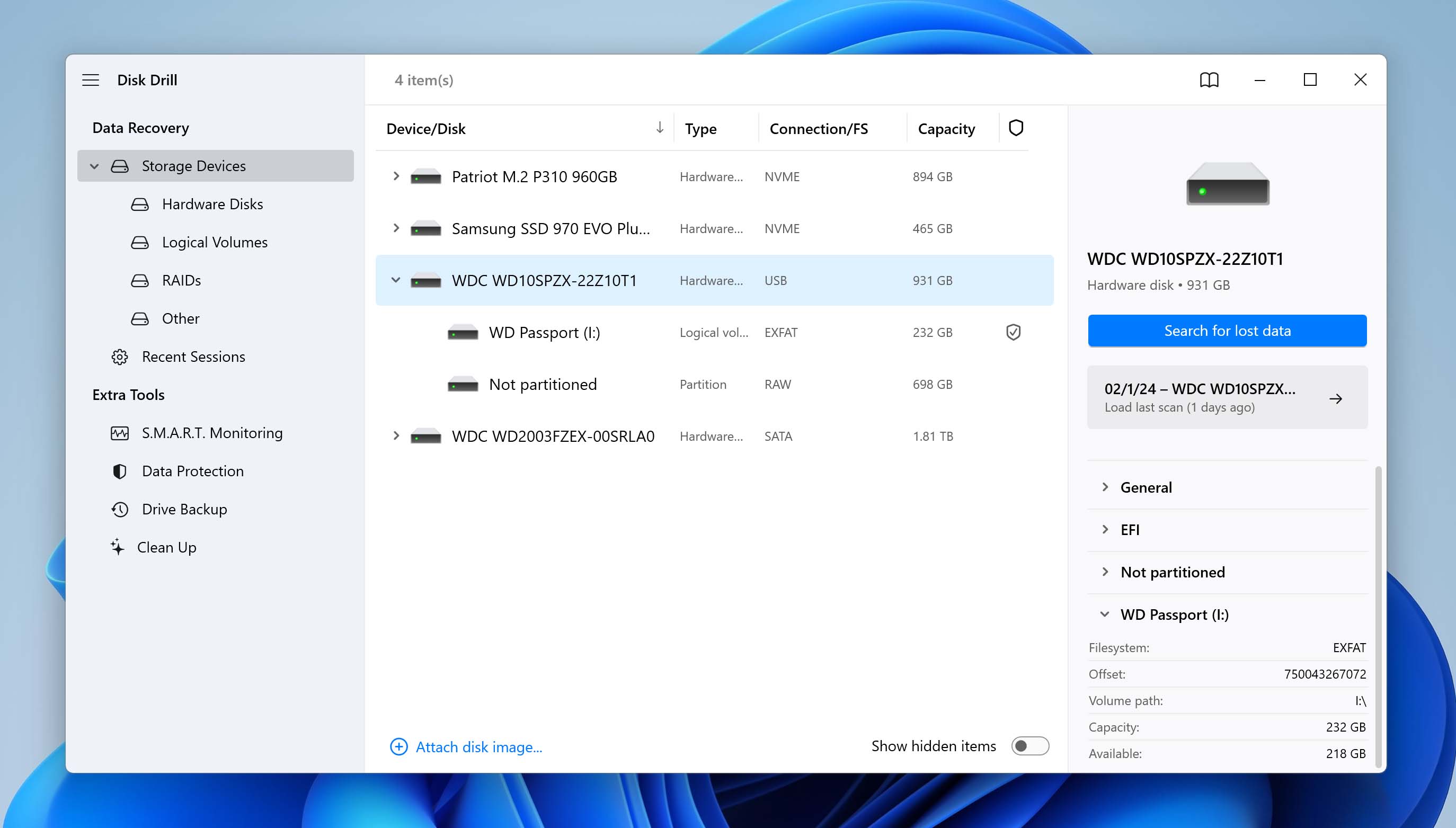 selecting Western Digital drive to scan with Disk Drill