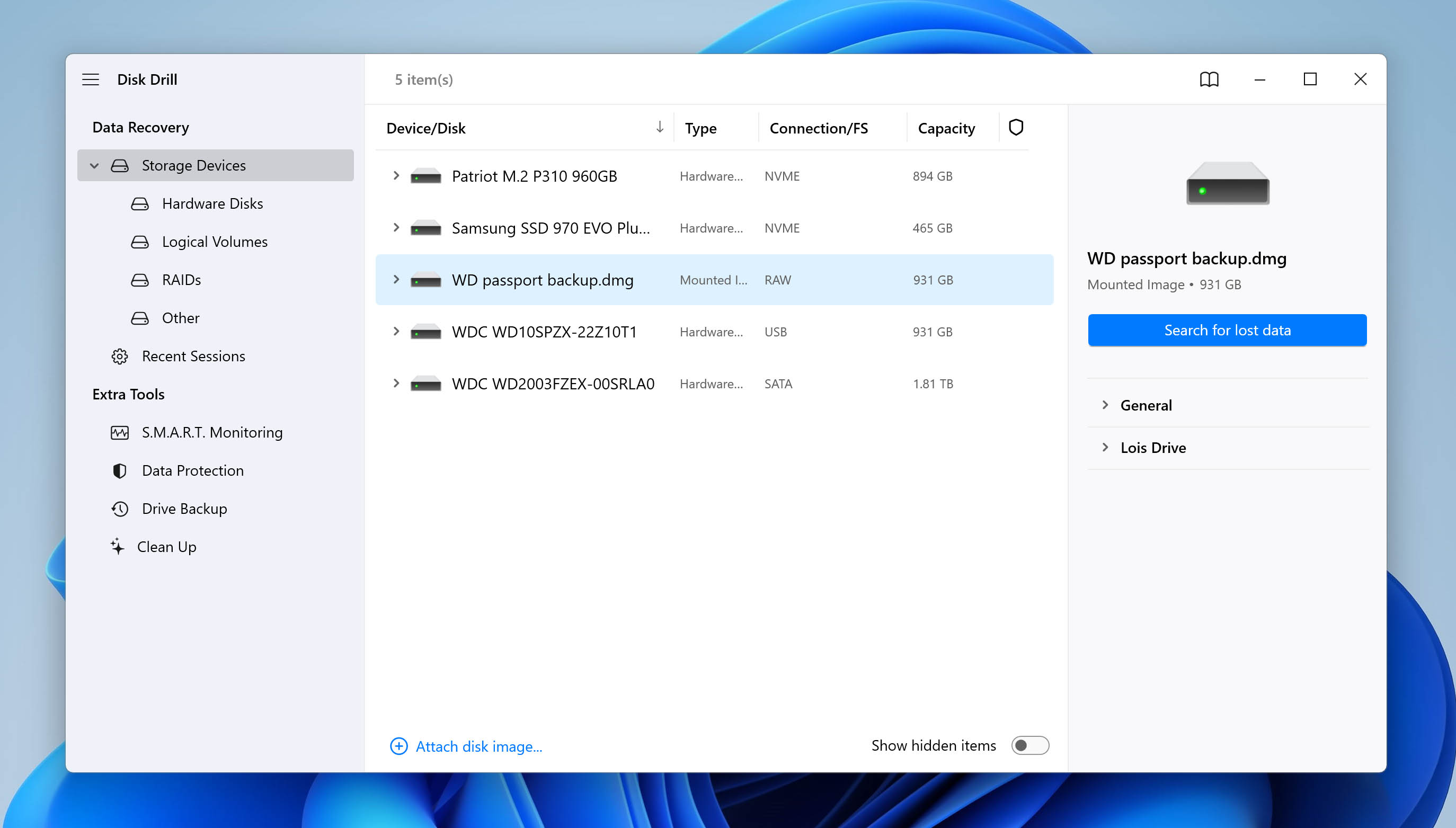 Start scan drive image in Disk Drill