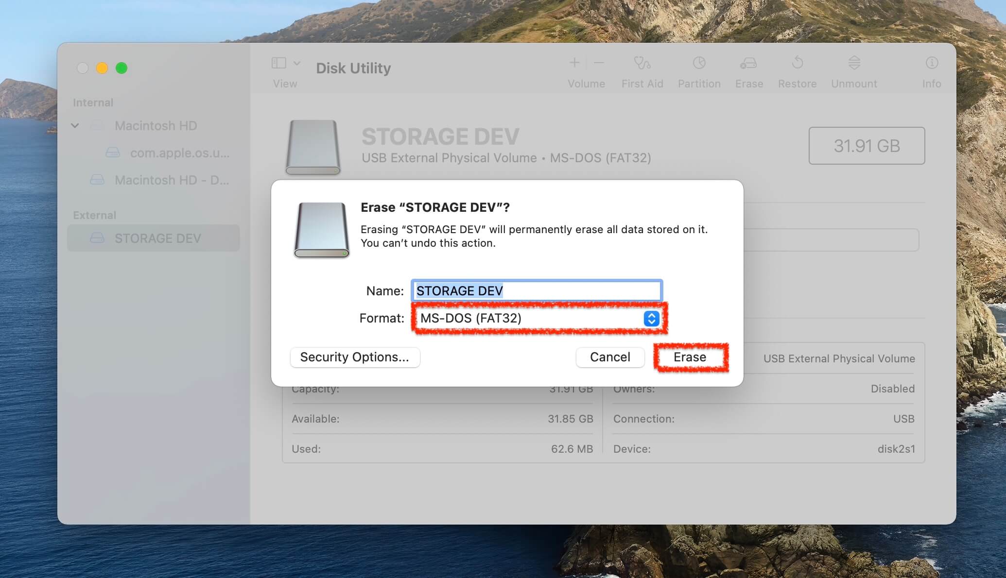 formatting storage device in disk utility