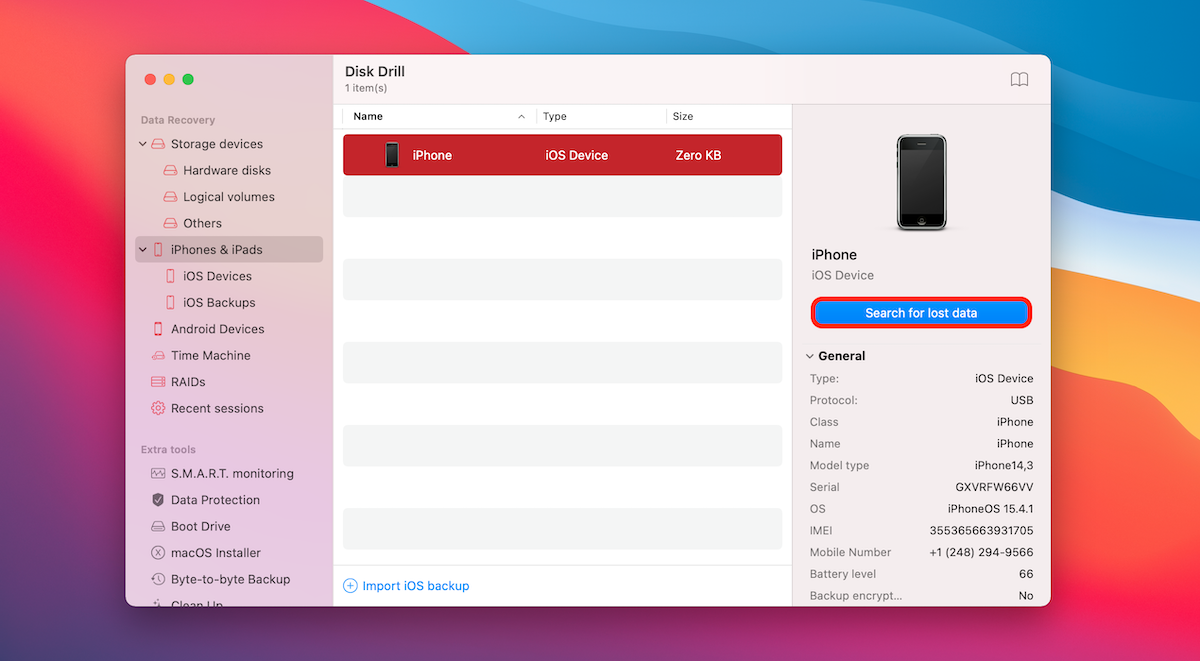search for lost data iPhone disk drill