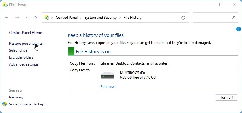 File History Restore Personal Files