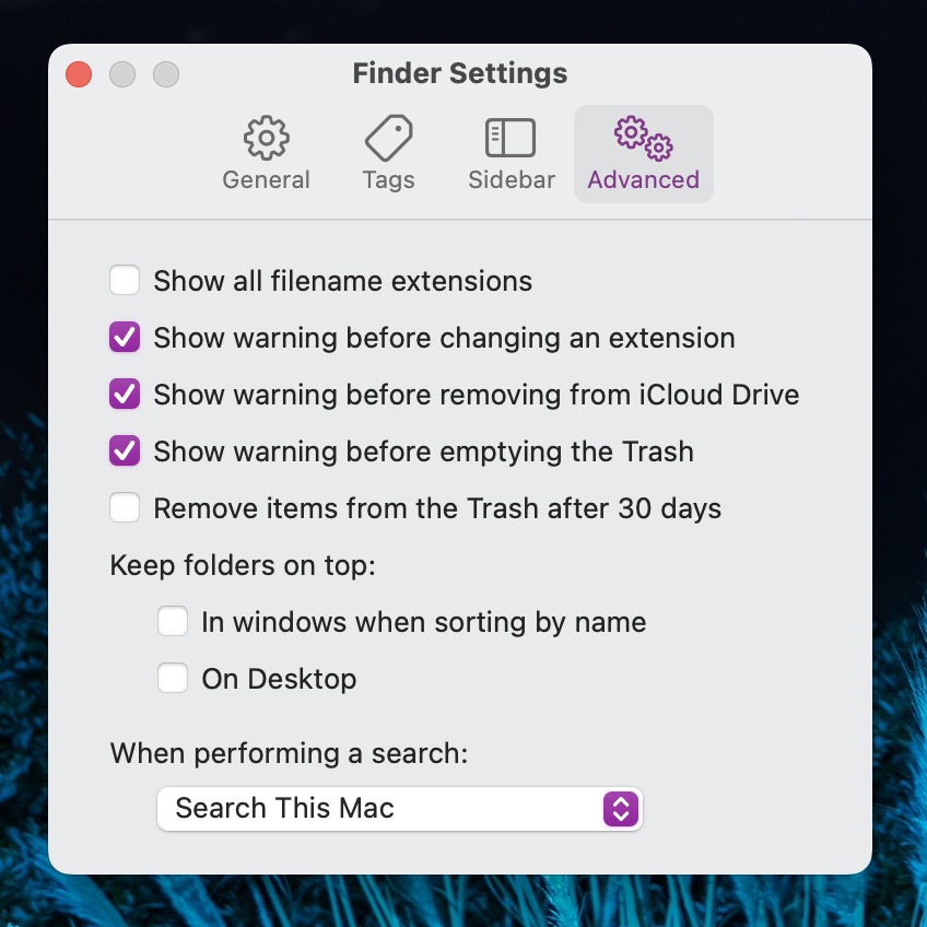 finder advanced settings