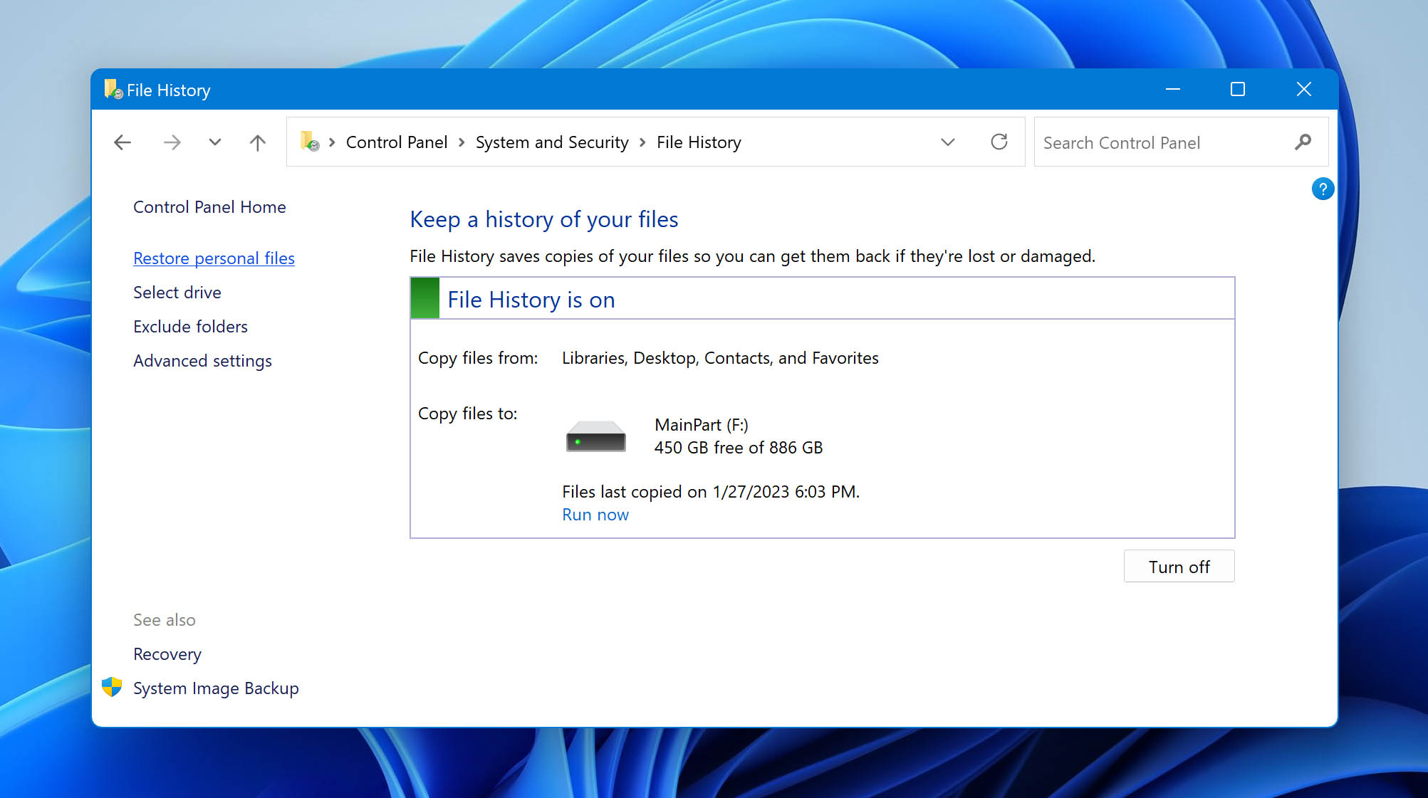 Restore personal files option in File History.