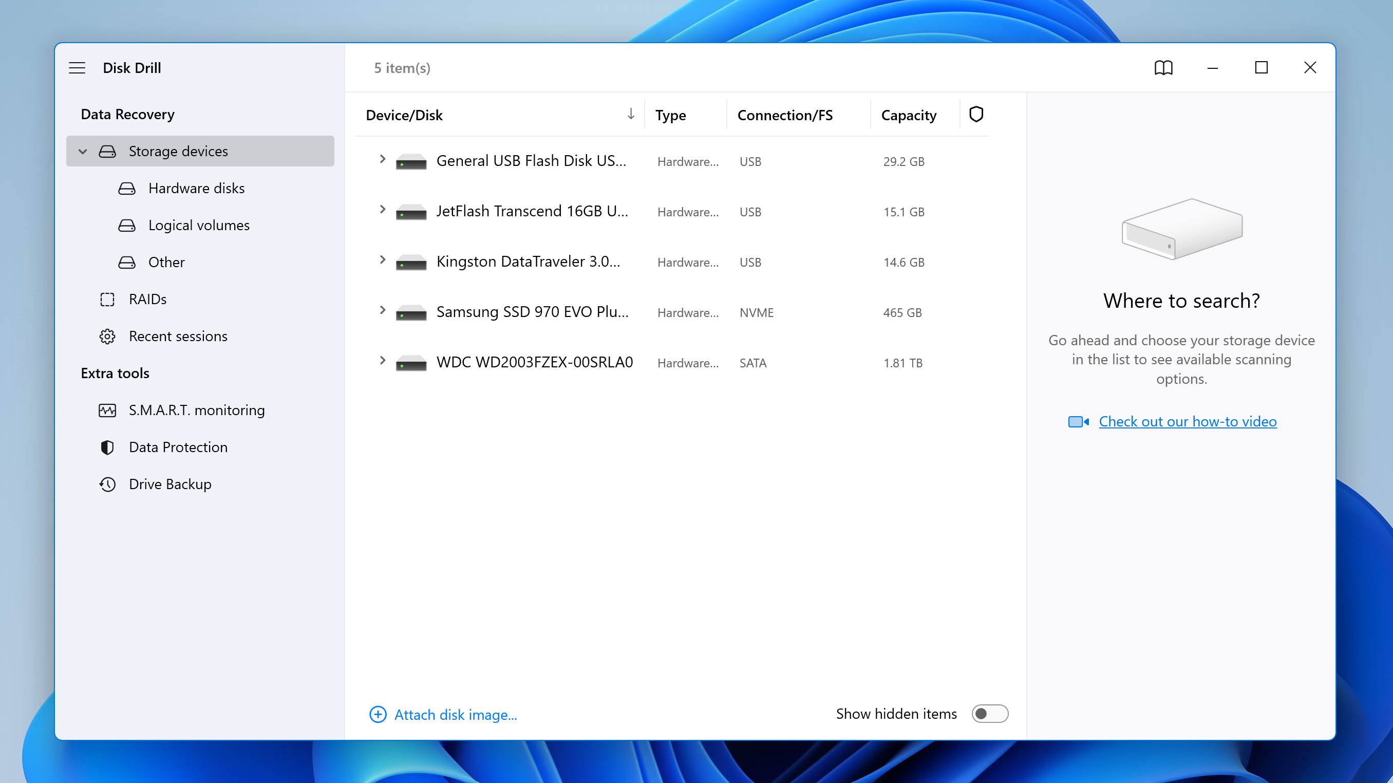 Disk Drill's main interface.