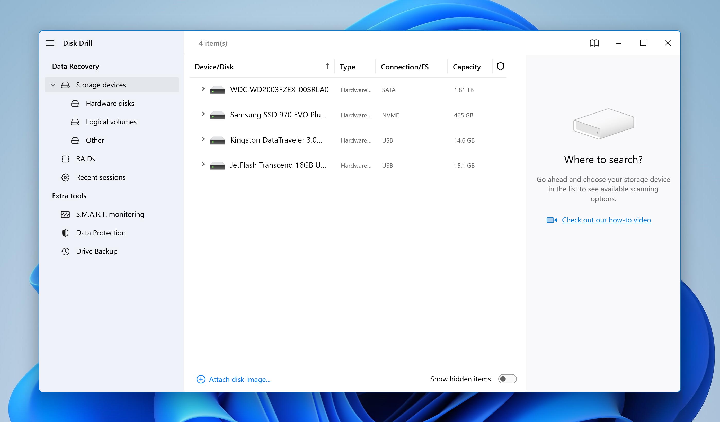 Disk Drill's main interface.