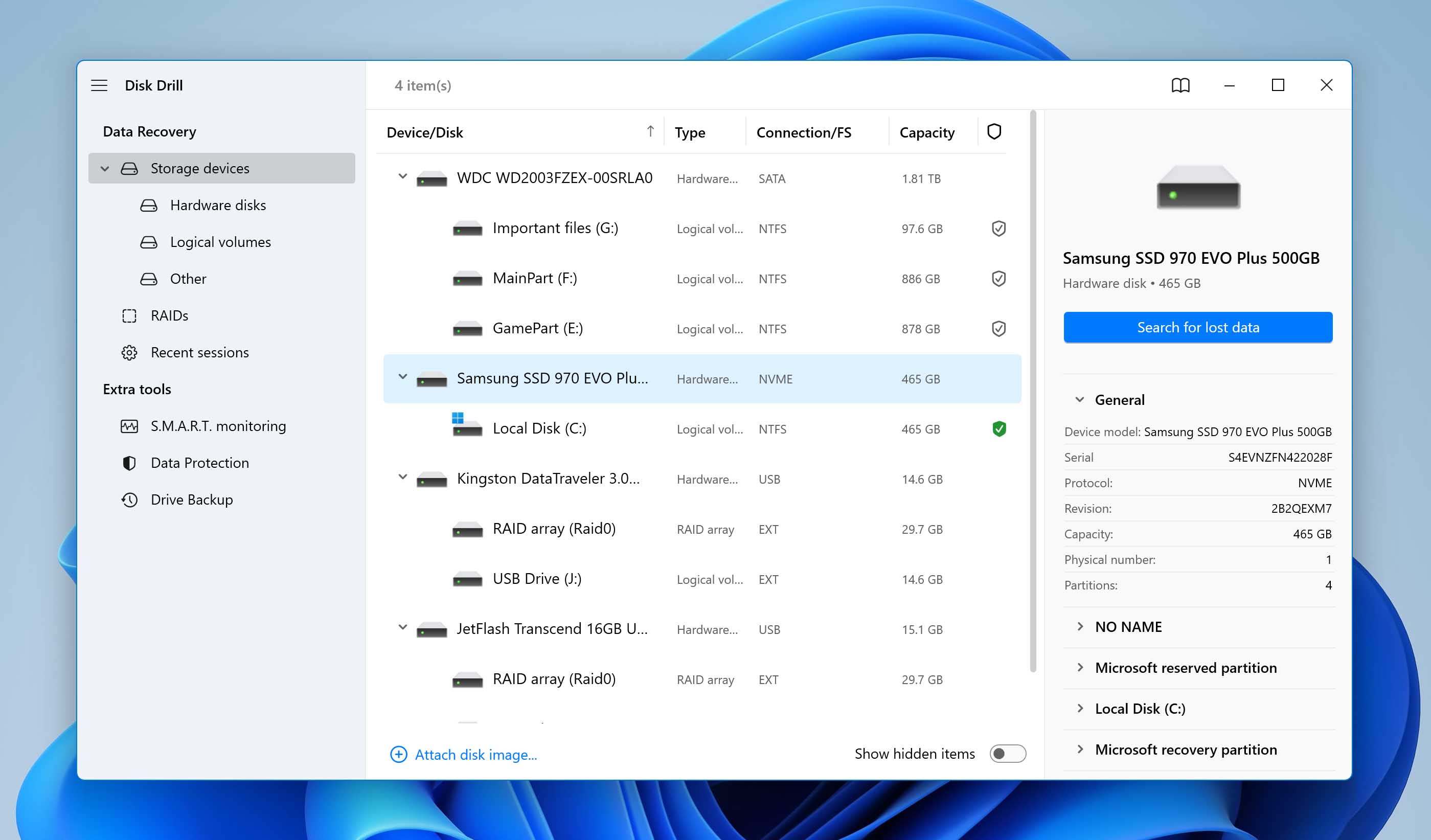 Disk Drill dropdown for devices.