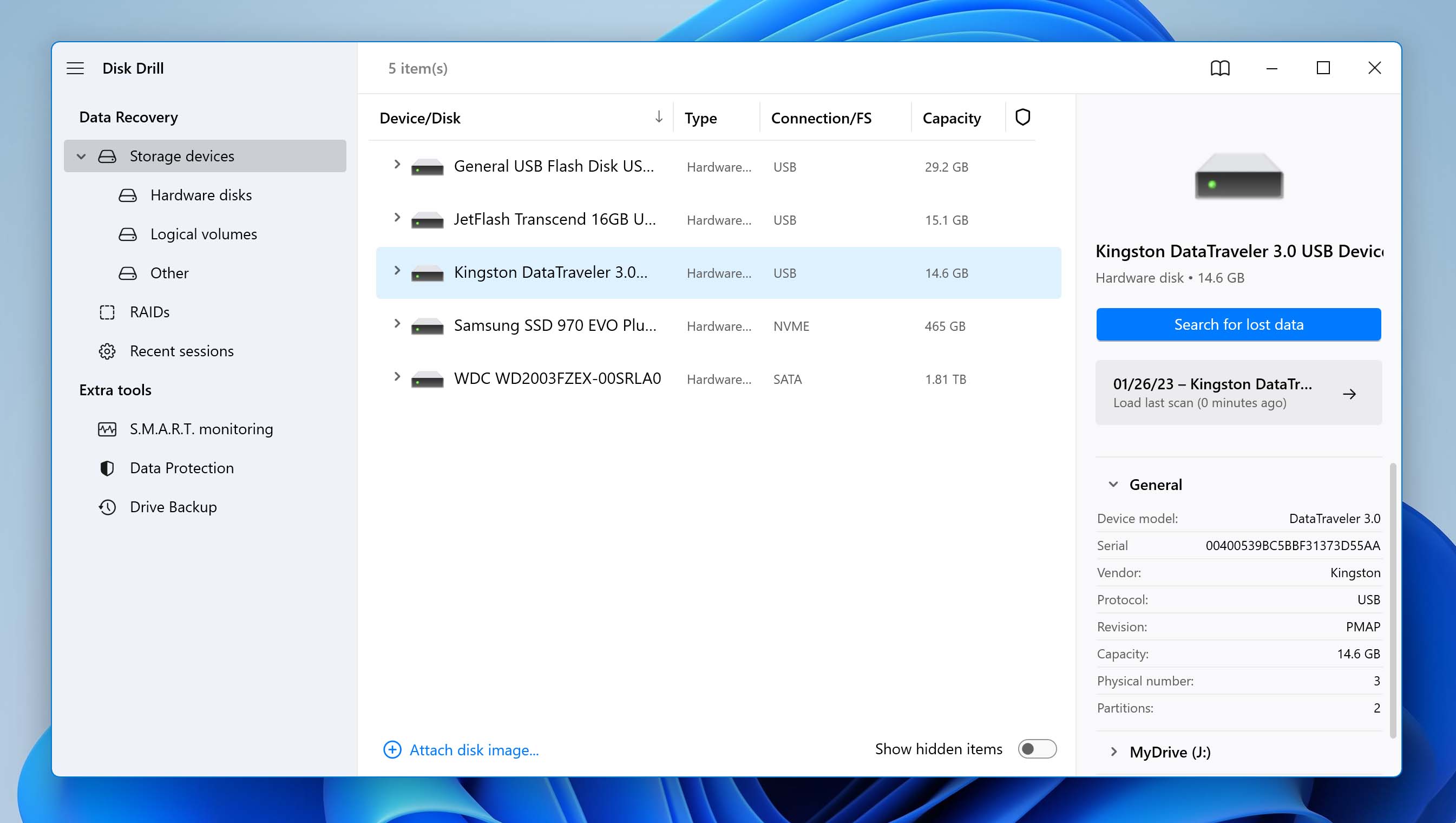 Search for lost data in Disk Drill.