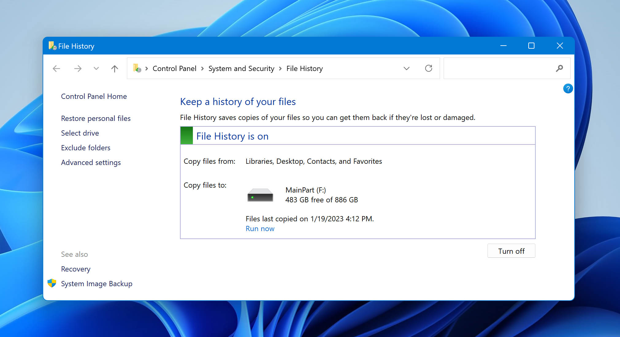 Windows File History configuration.