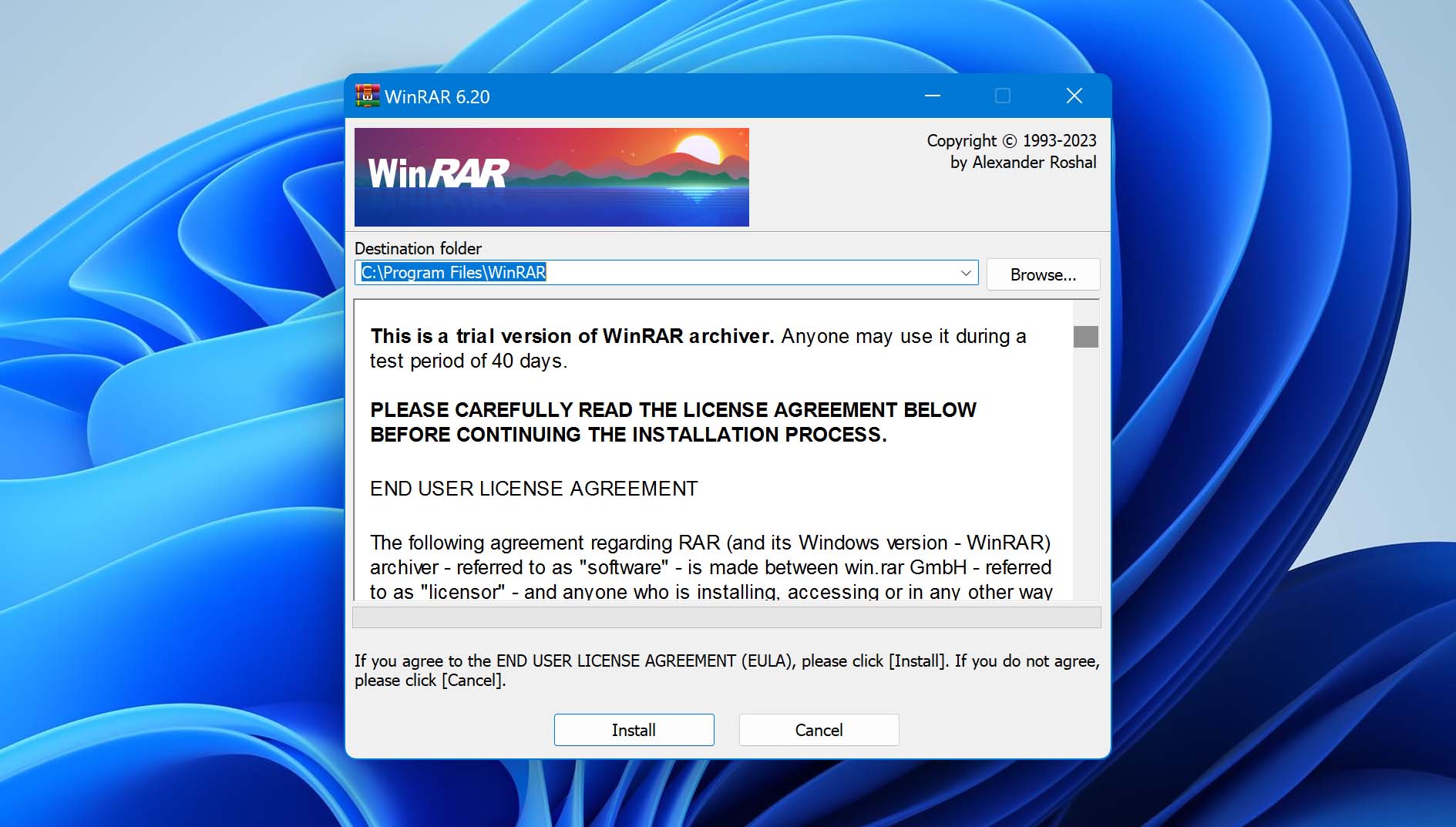 The process of installing Winrar.
