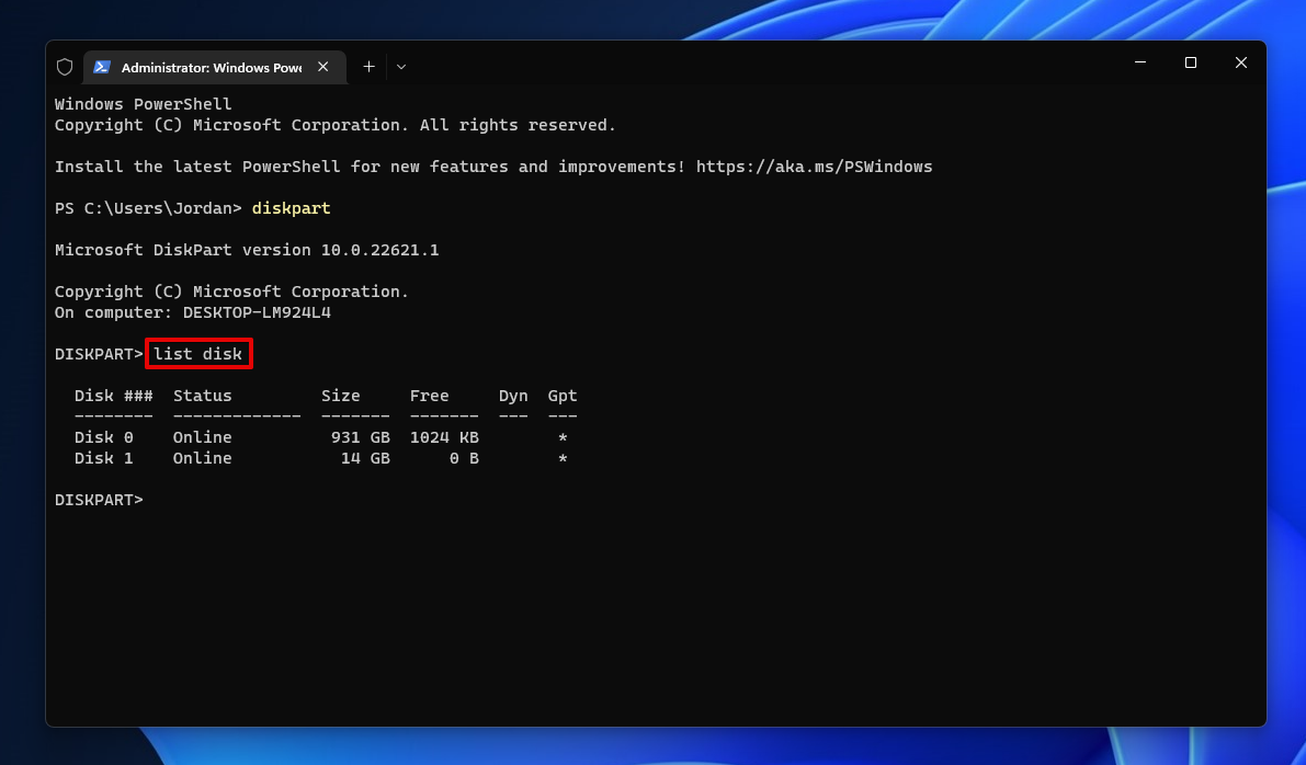 Listing the available disks.