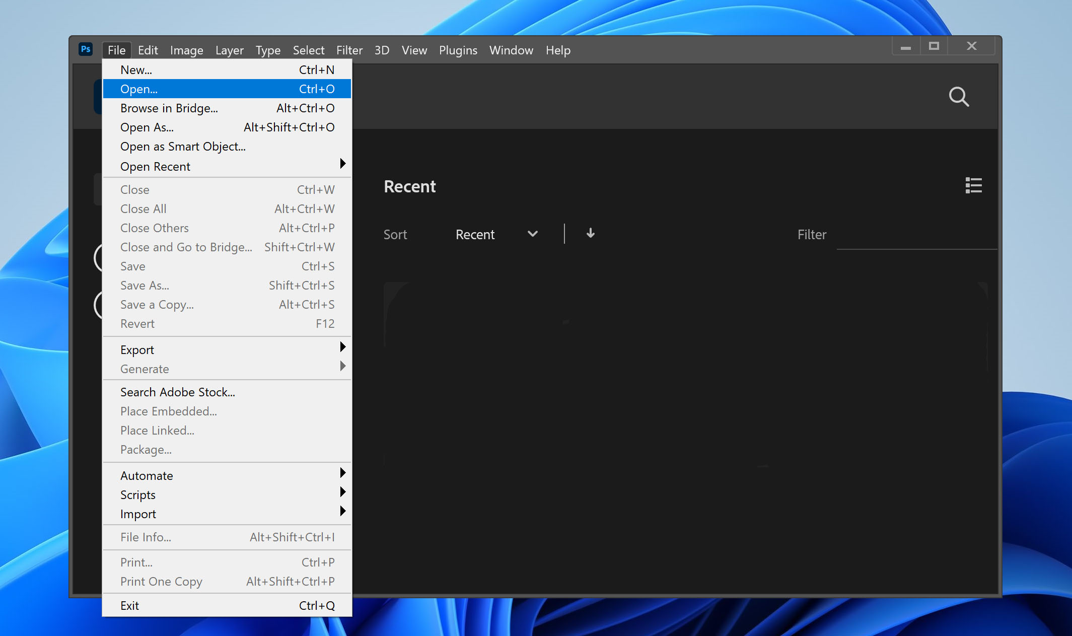 Adobe Photoshop 2022 open file menu.