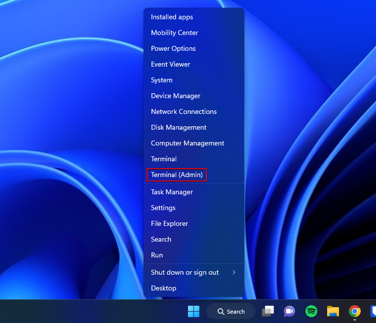 Opening the Terminal on Windows 11.
