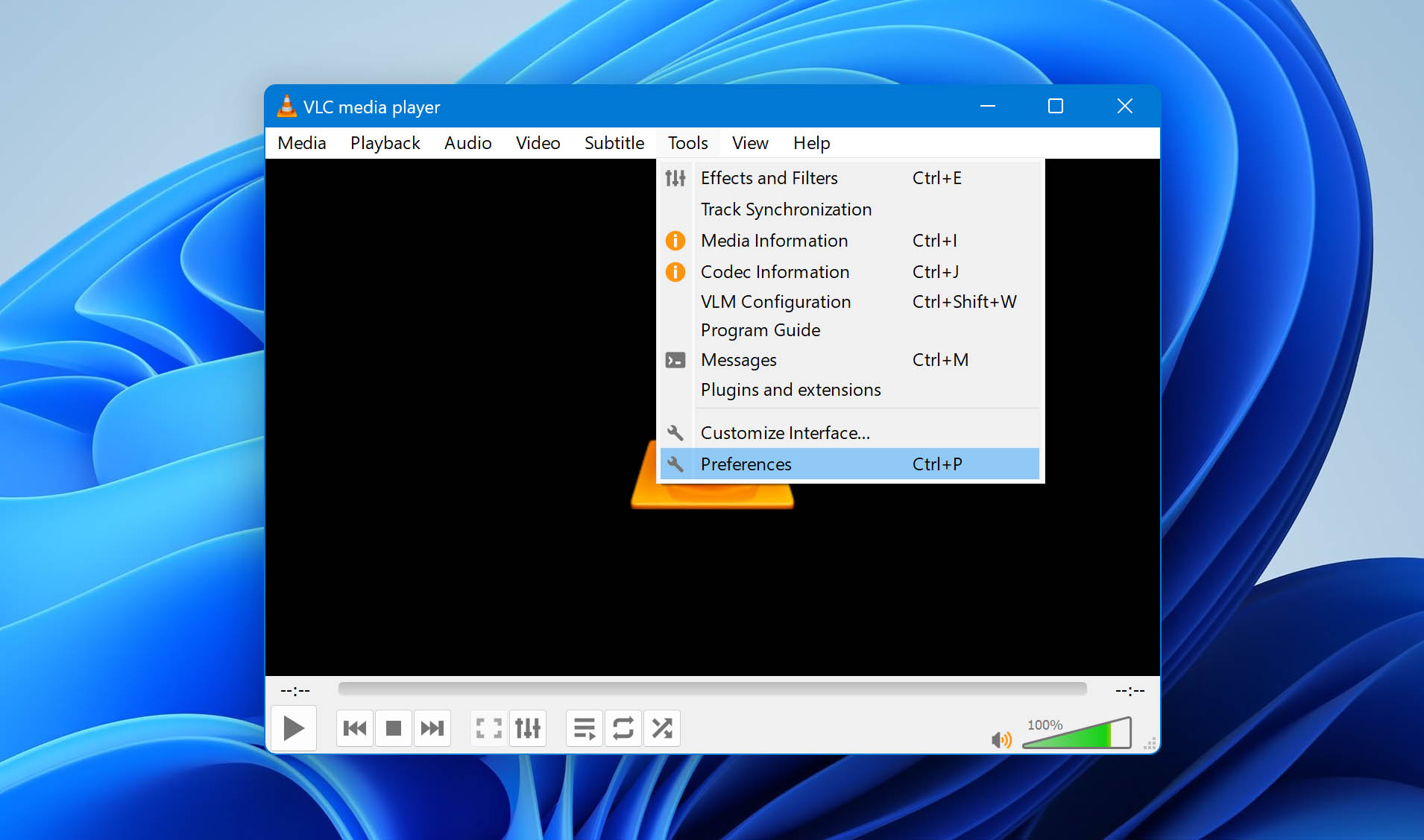 Tools and preferences in the VLC media player interface.