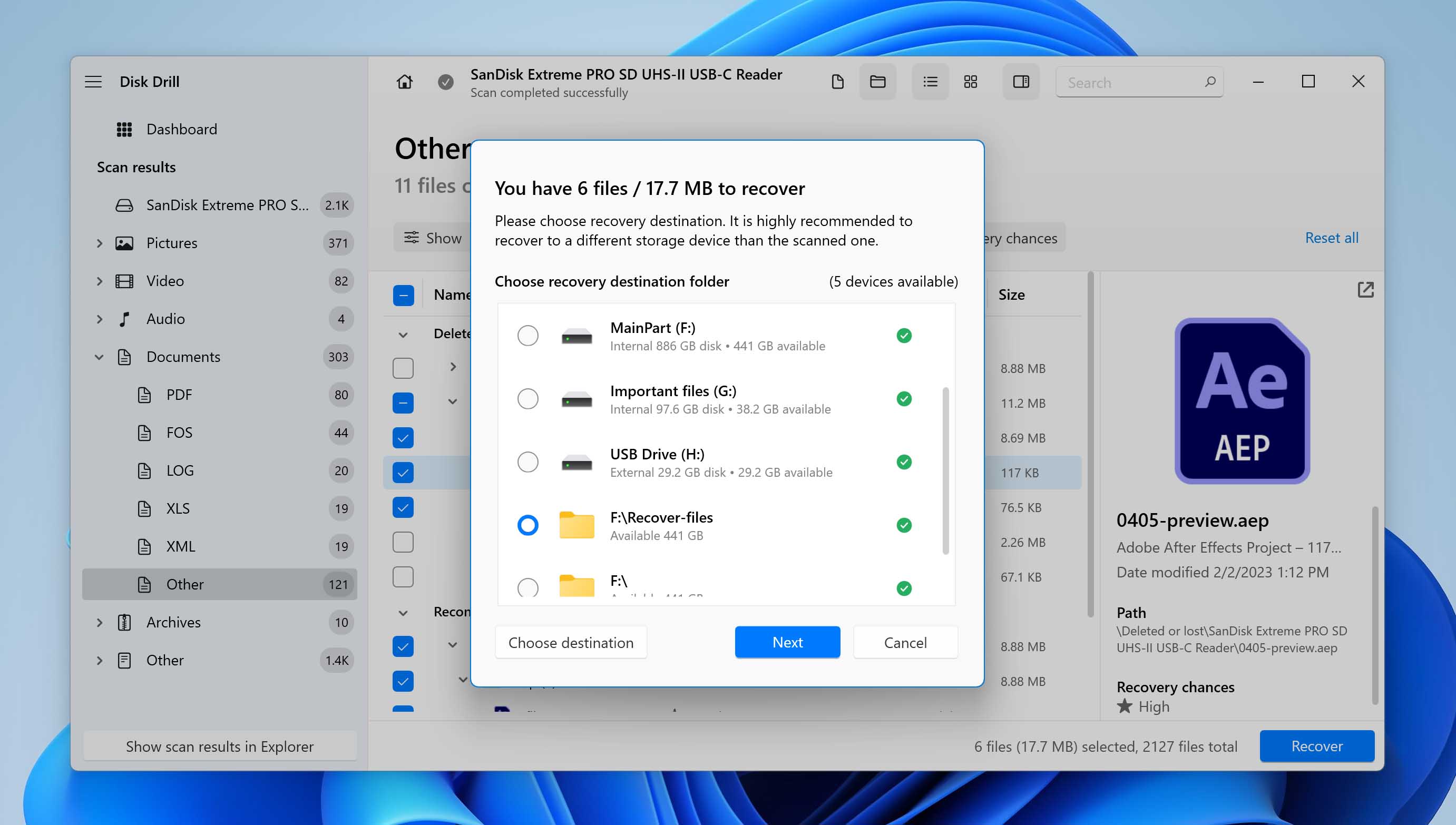 An AEP file recovery screen.