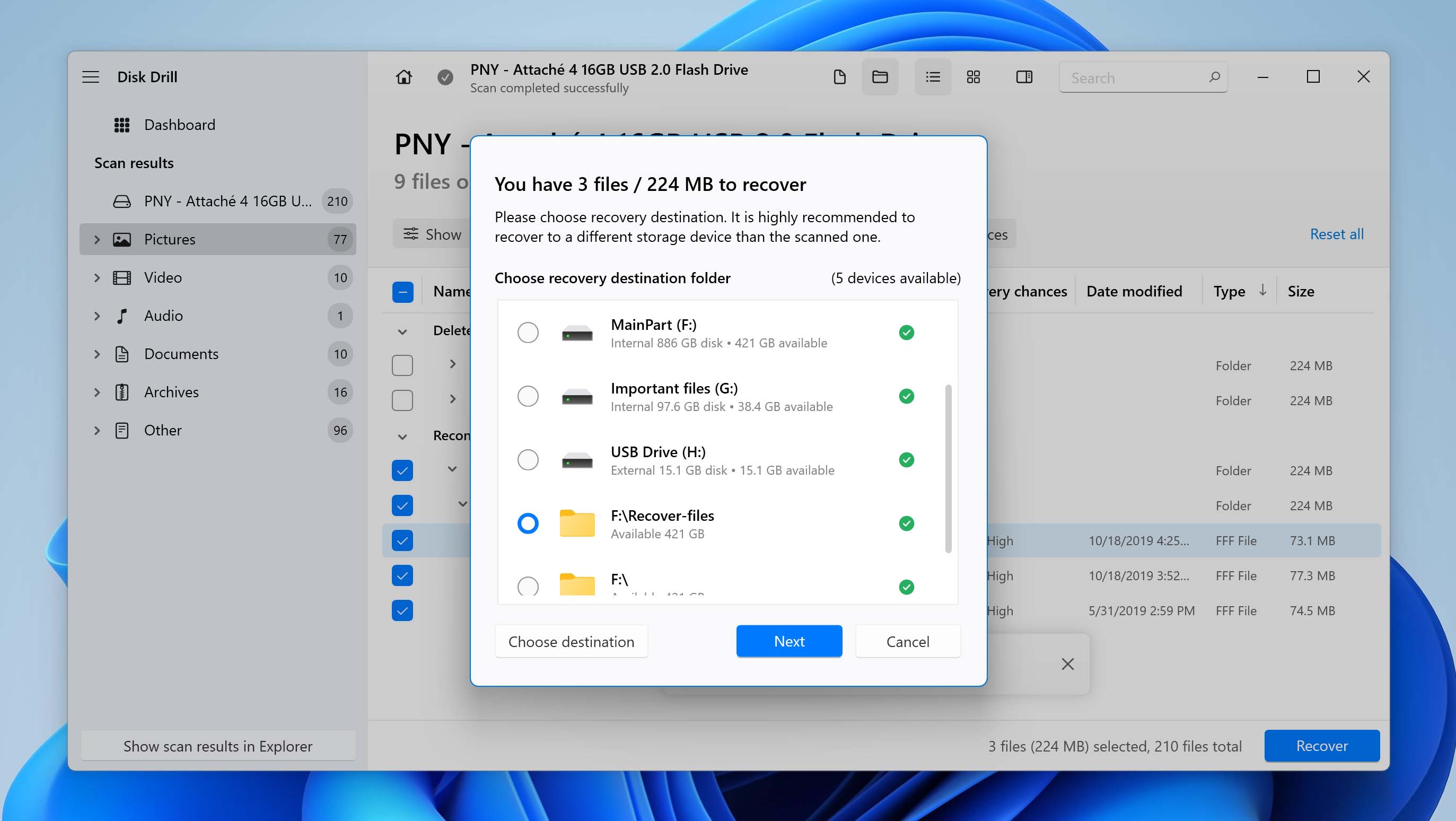 Select recovery path for fff files.