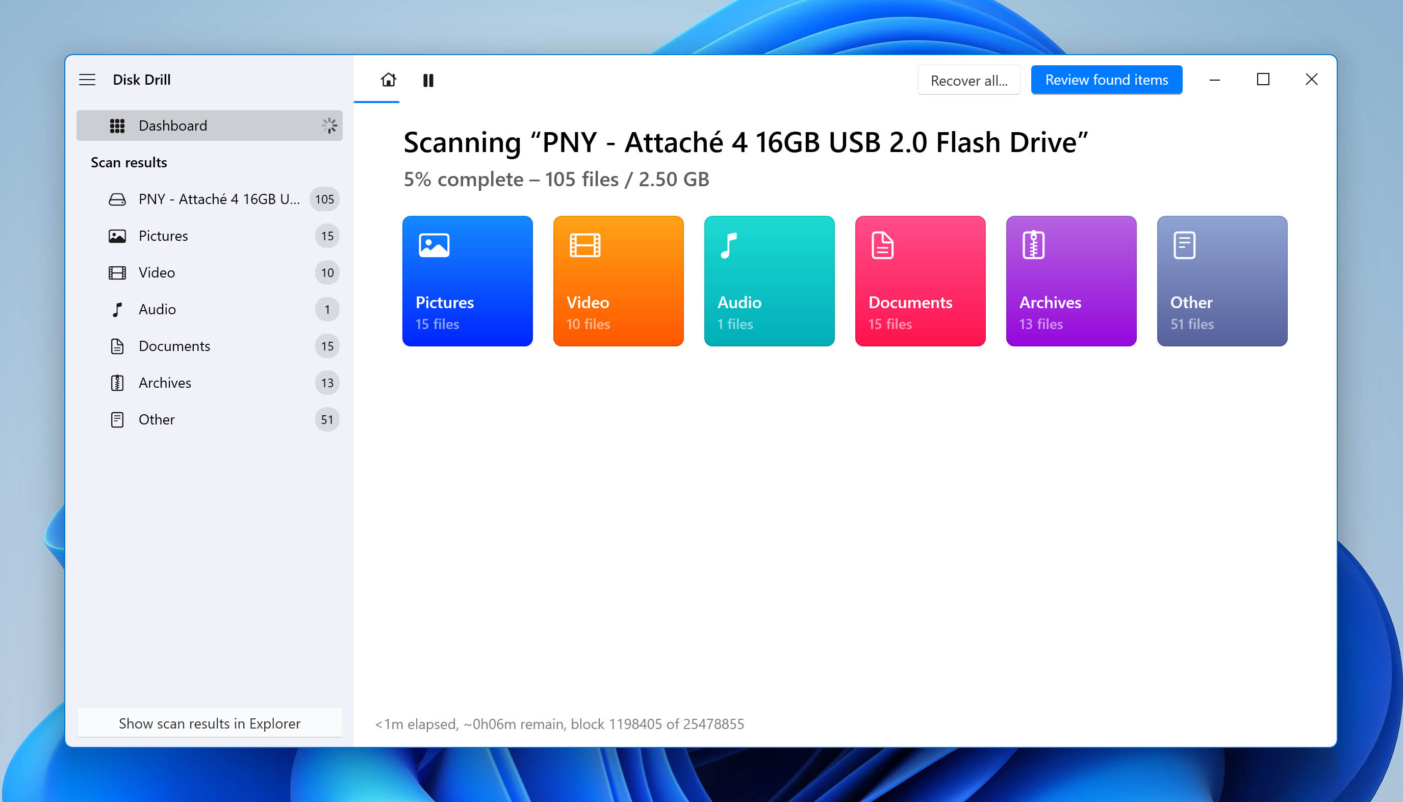 Disk Drill scanning for MOV video files.