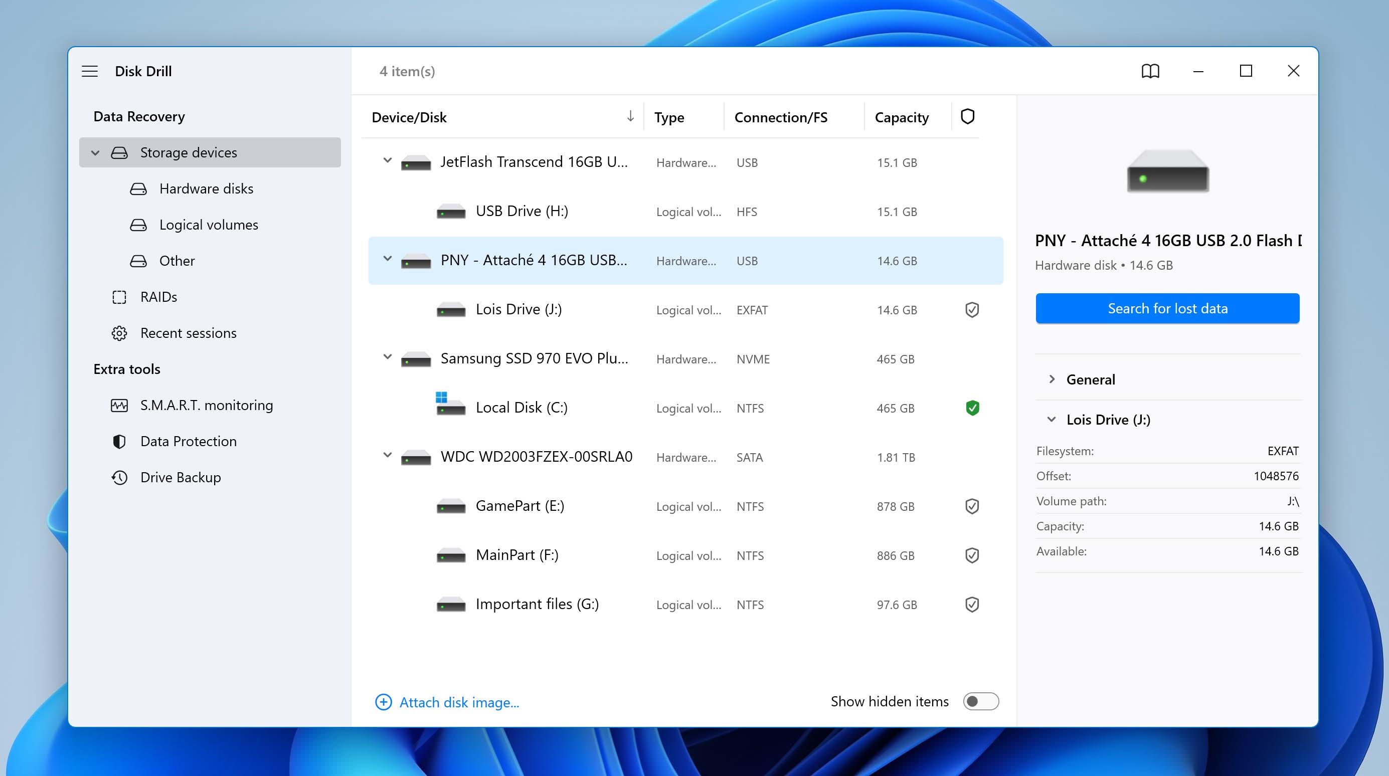 Search for lost data option in Disk Drill.