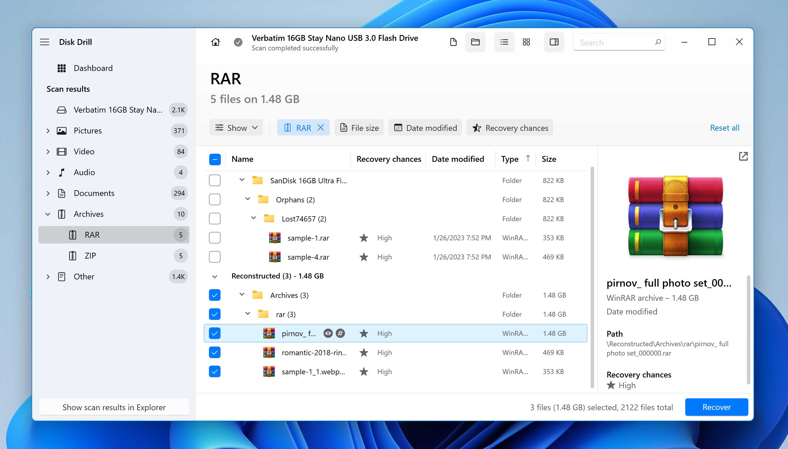 Select the RAR files to recover.