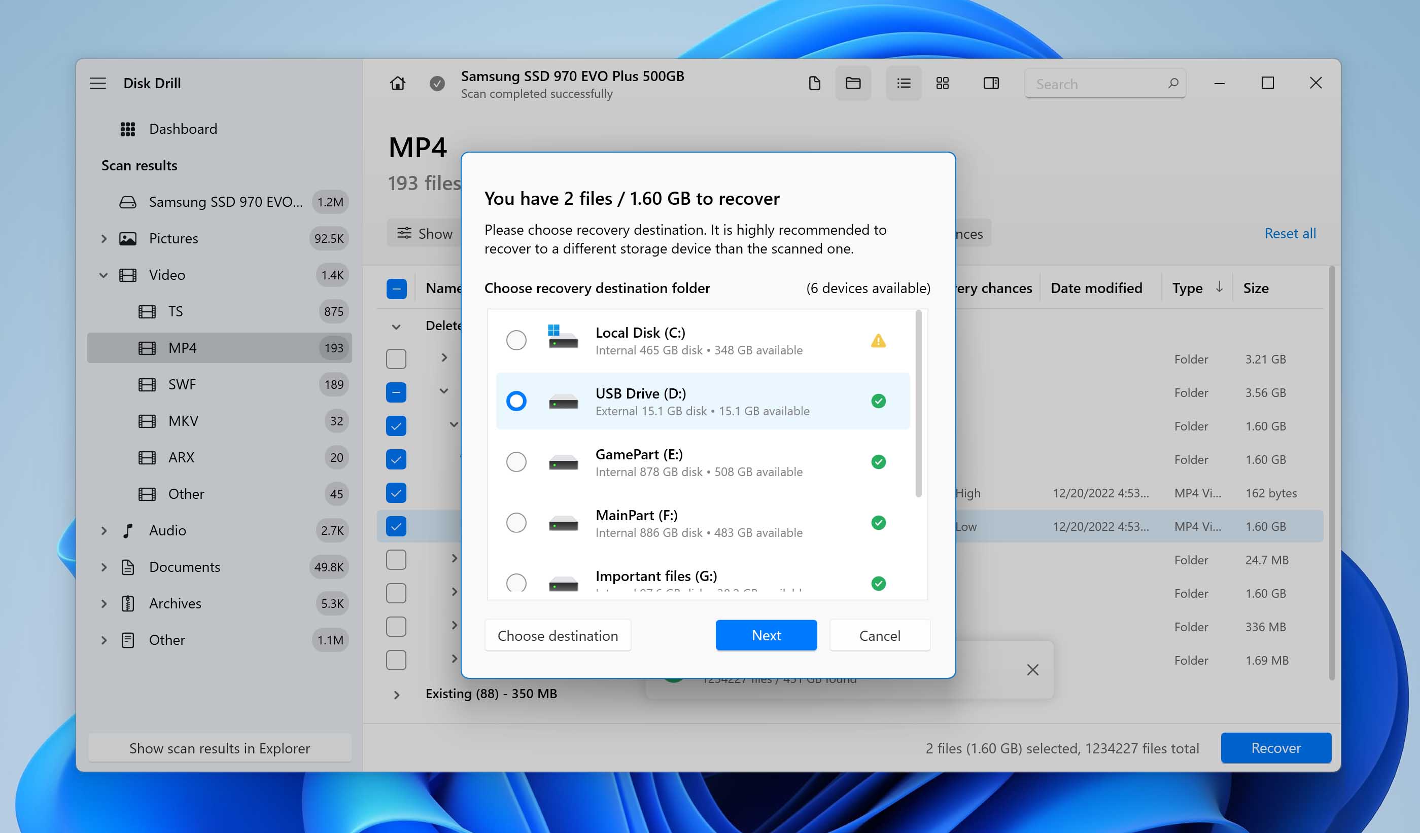 Choose a recovery path for MP4 files in Disk Drill.