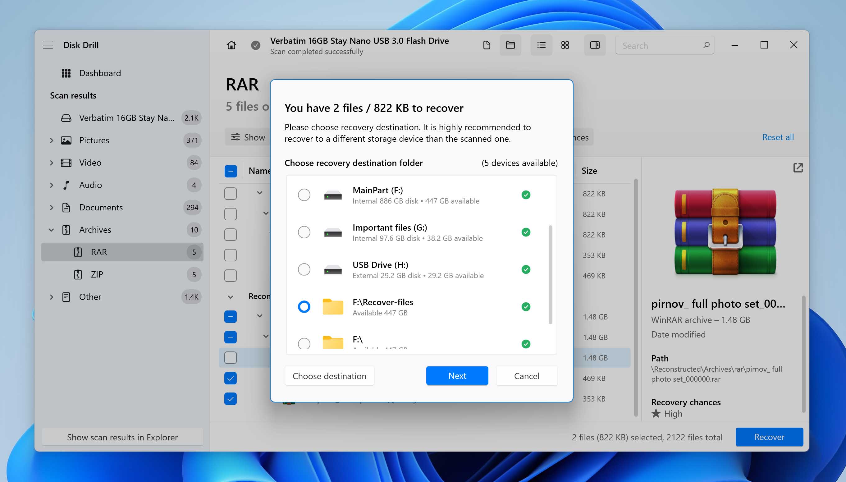 Recover lost RAR files to a folder.