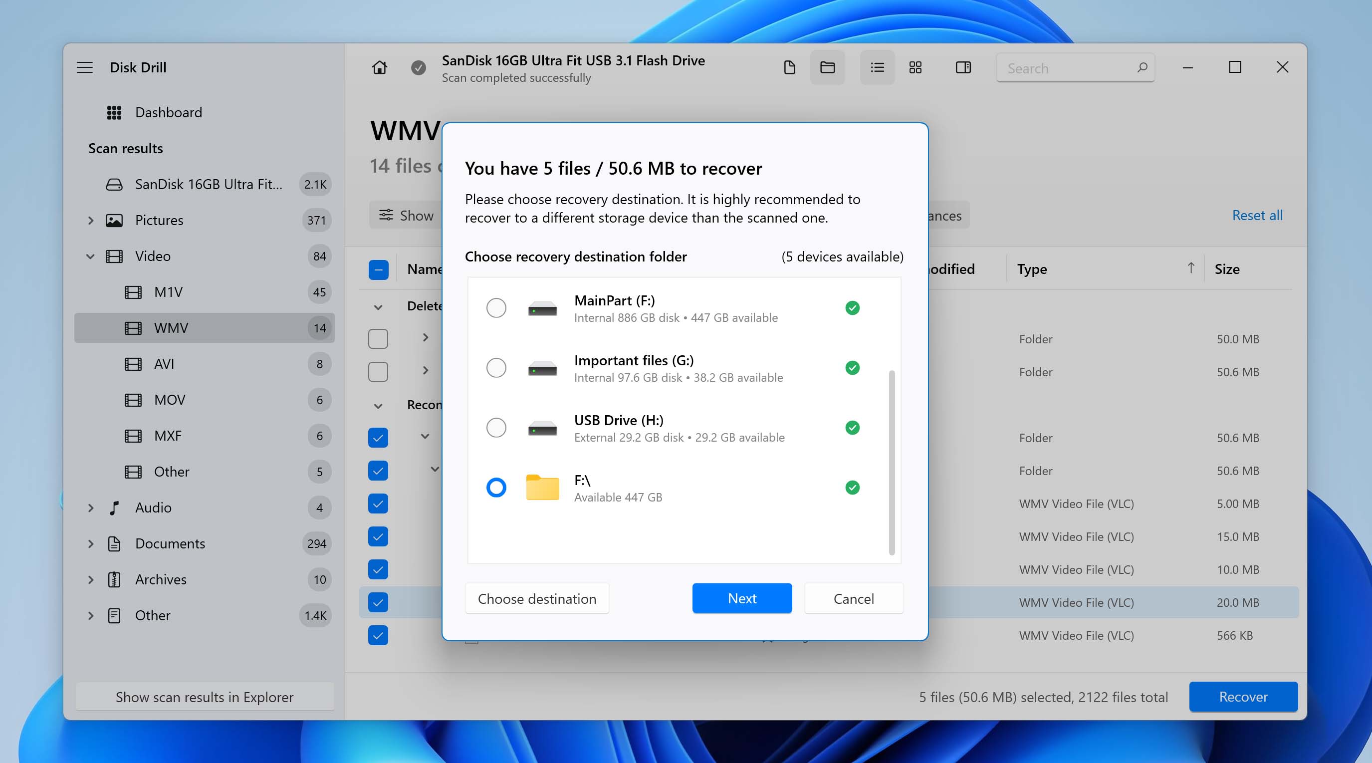 Recovery path for .wmv video files.