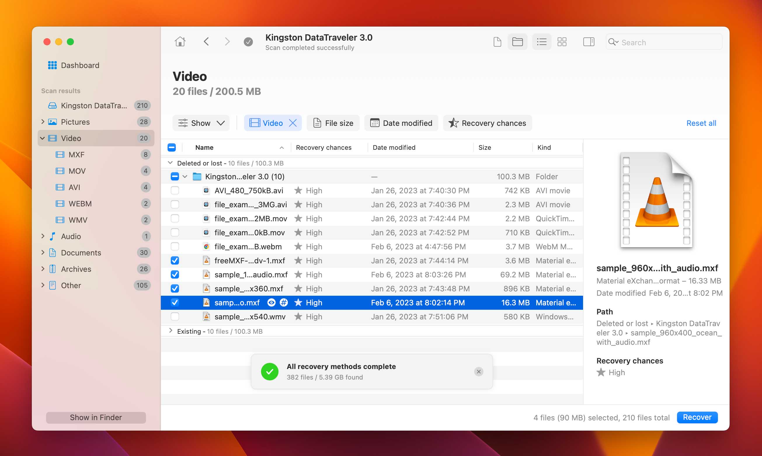 Preview an select mxf files in disk drill scan results. 