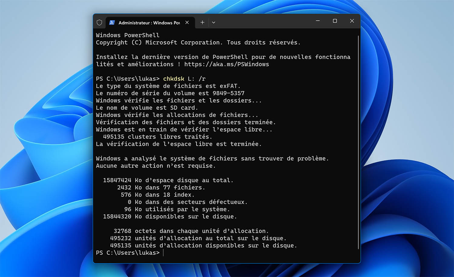 réparer la carte sd avec chkdsk