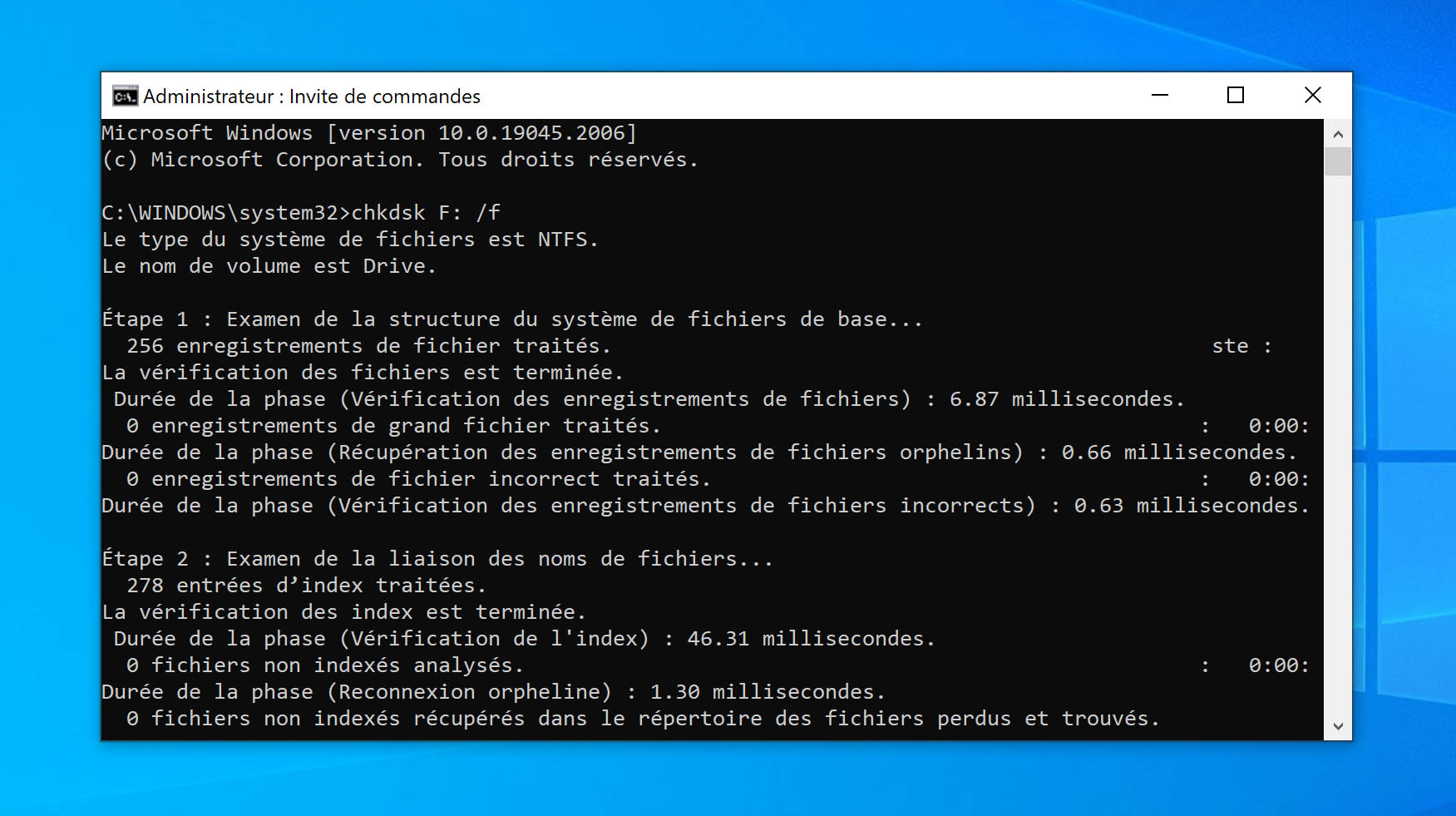 Utilisez la commande chkdsk pour réparer le lecteur