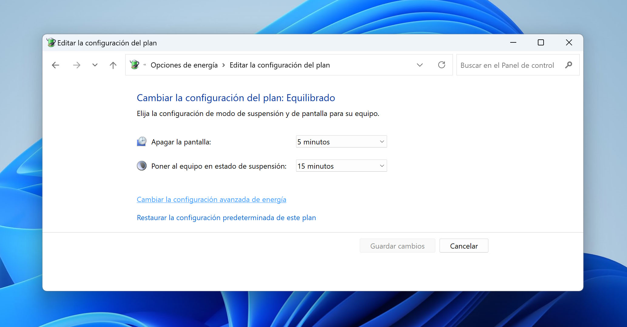 Cambiar la configuración avanzada de energía