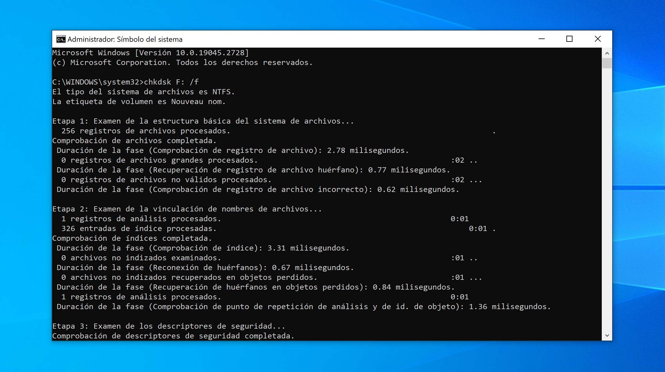 ejecutar el comando chkdsk