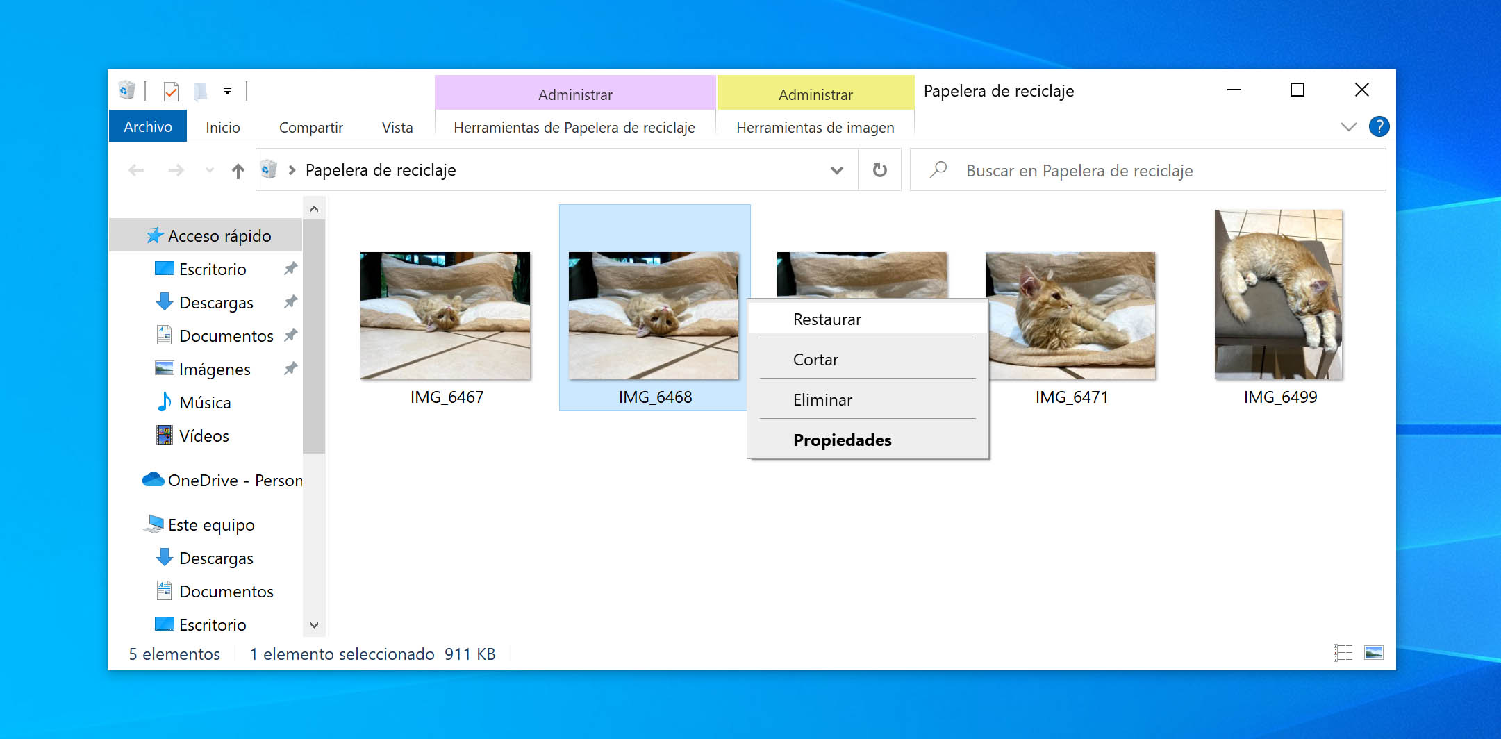 Restaurar ficheros eliminados desde la papelera de reciclaje en Windows 10