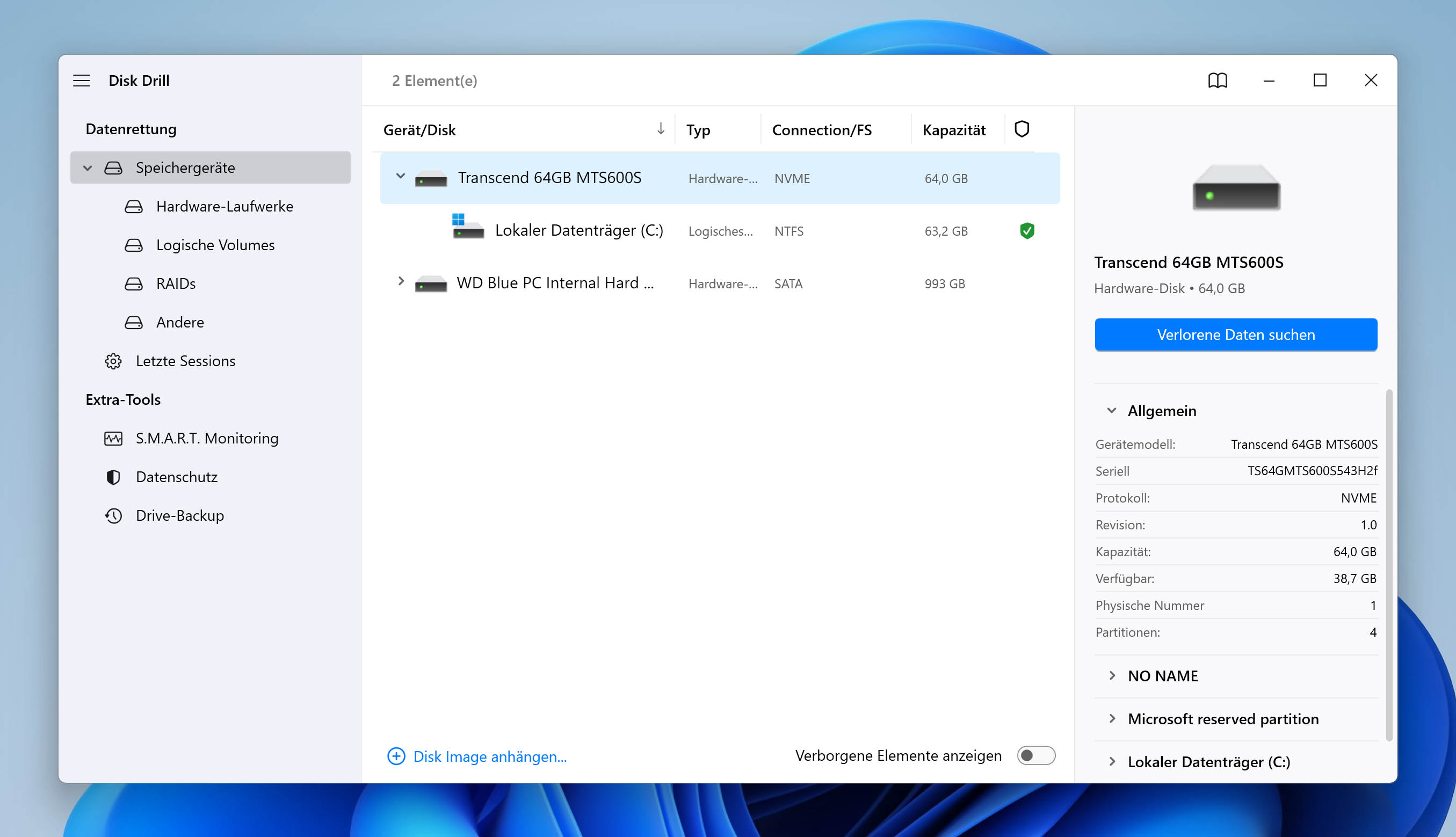 Disk Drill Windows sucht nach verlorenen Daten