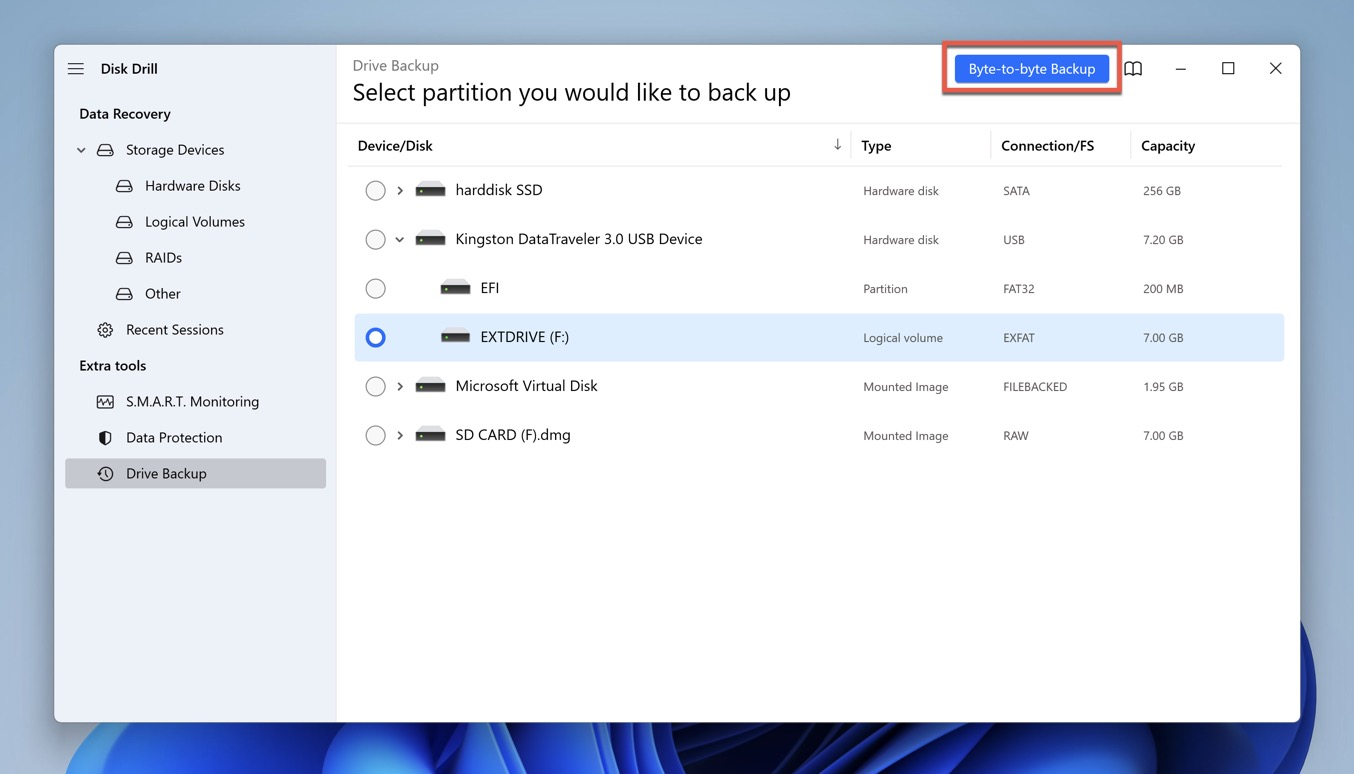 byte-to-byte backup disk drill ext hard drive