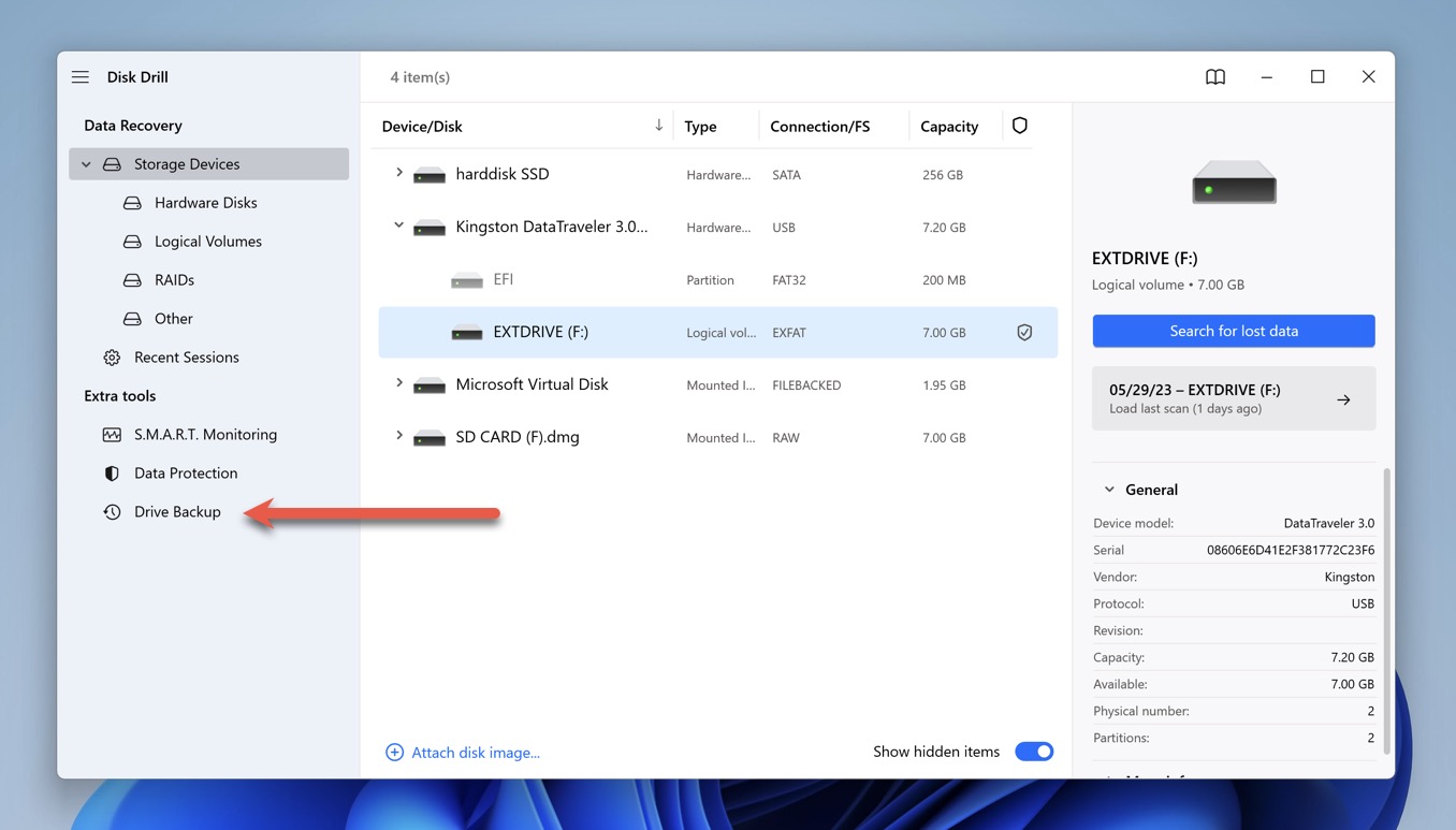 disk drill drive backup feature select