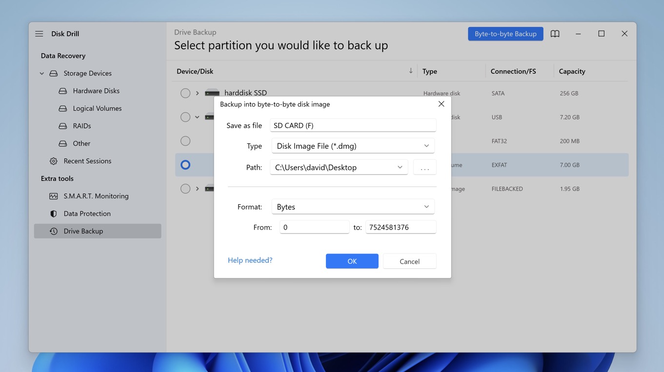 disk drill sd card byte to byte backup destination