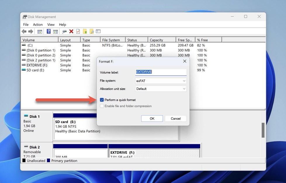 disk management format external drive quick format